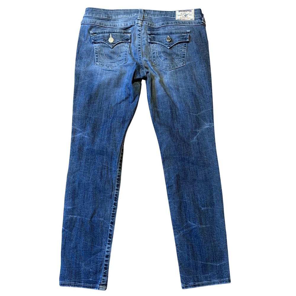 True Religion Skinny W Flaps Distressed Blue Jeans Womens 33 WOB899ST5